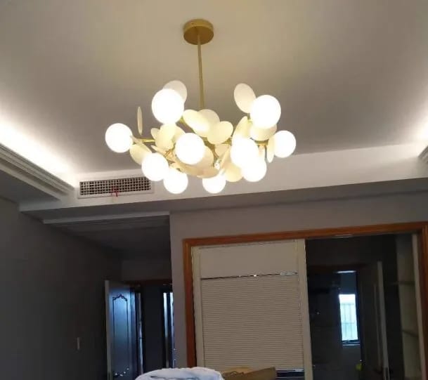 Customer photo review of Brass Chandelier with Glass Shades, Acrylic Discs, Iron Frame