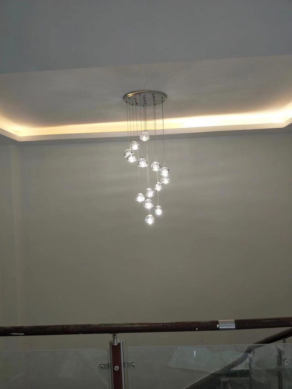 Customer photo review of Crystal Sphere Pendant Light, Clear or Amber Heads, 150 cm Drop