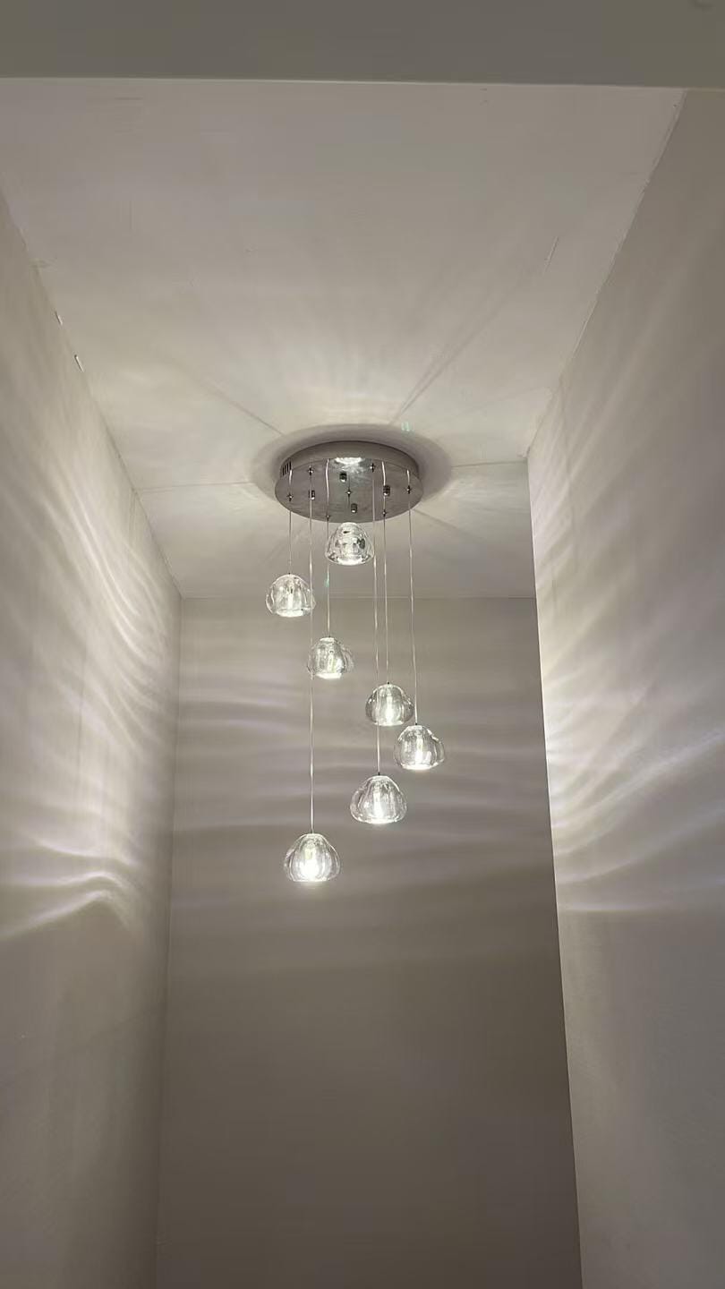 Customer photo review of Crystal Sphere Pendant Light, Clear or Amber Heads, 150 cm Drop