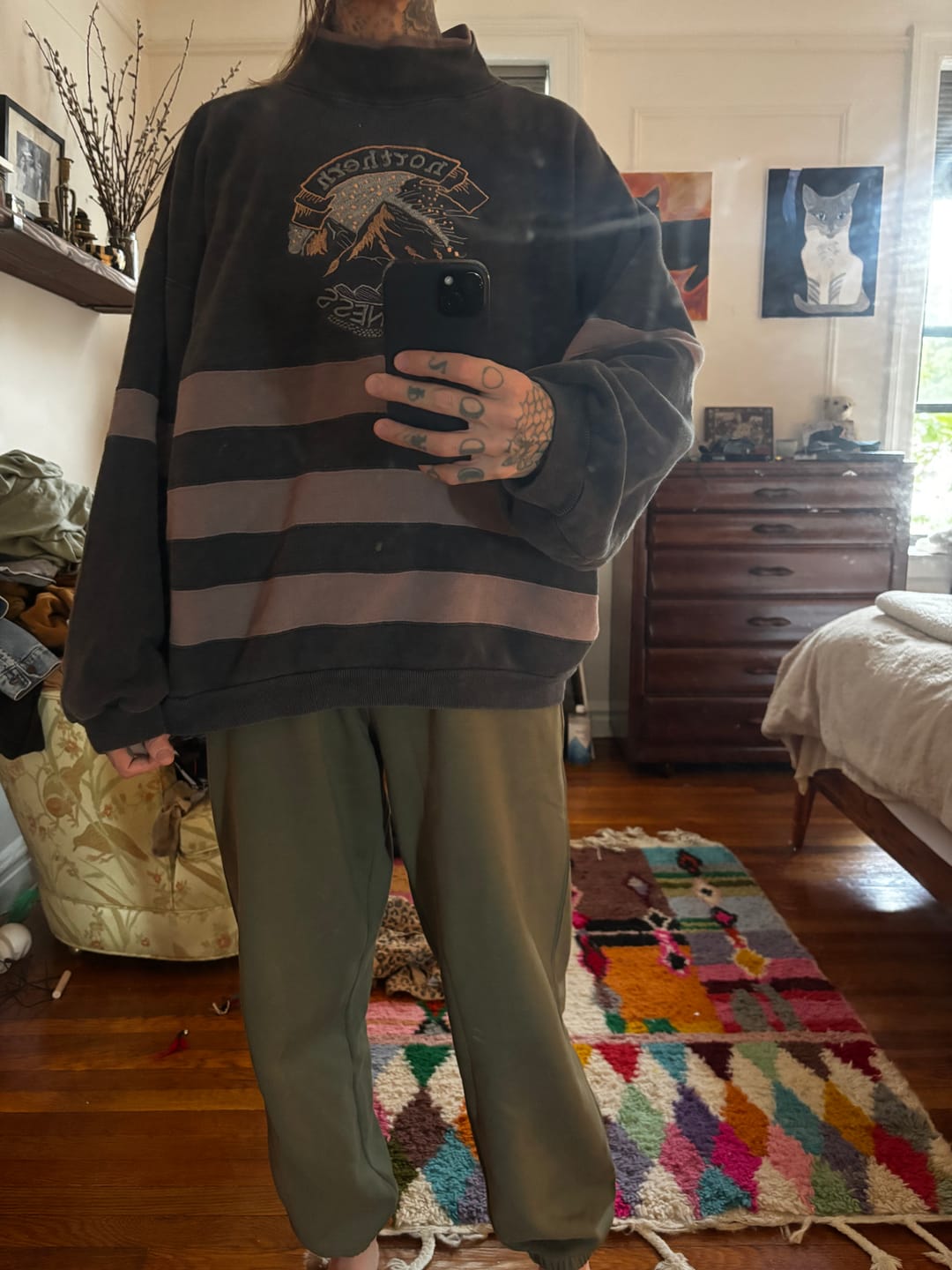 Customer photo review of Vintage 90s Faded Black Northern Wilderness Striped Double Neck Crewneck (L/XL)