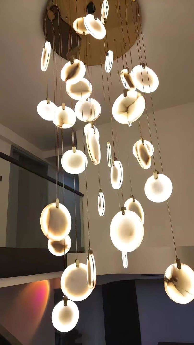 Customer photo review of Geometric Alabaster Pendant Light, Gold Steel Tubing, 150 cm Drop