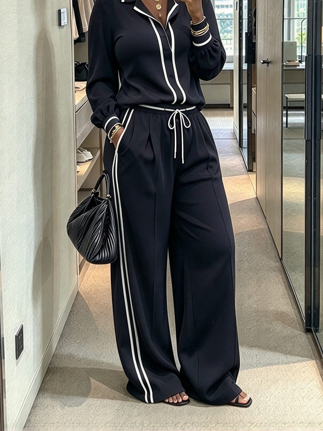 Customer photo review of Striped Pockets Drawstring Contrast Color Wide Leg Loose Trousers Pants