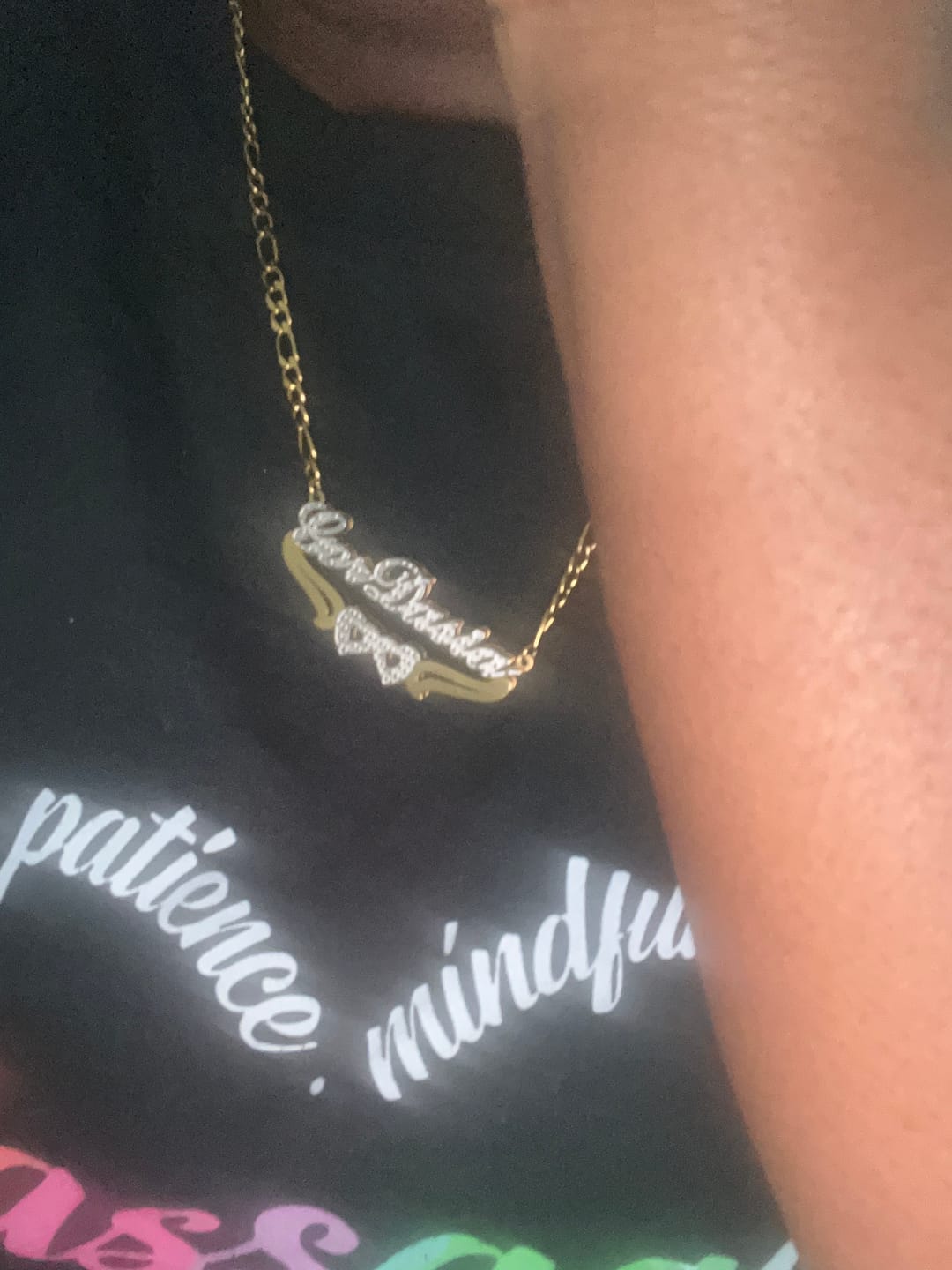 Customer photo review of Double Plated Hearts Name Necklace w/ Figaro Chain