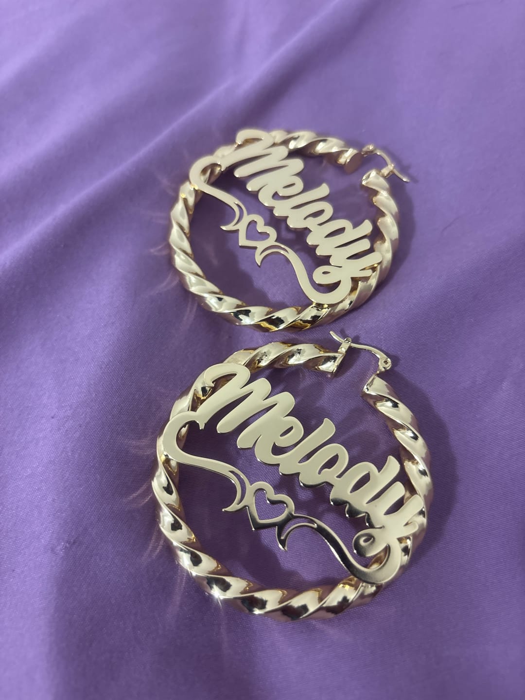 Customer photo review of Heart Twist Name Hoop Earrings