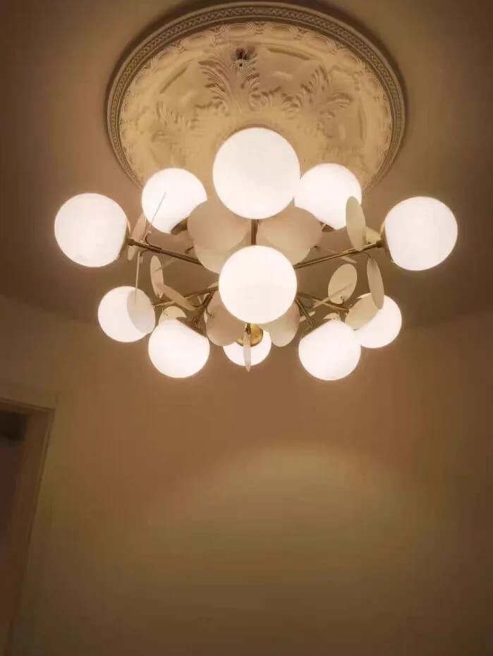 Customer photo review of Brass Chandelier with Glass Shades, Acrylic Discs, Iron Frame