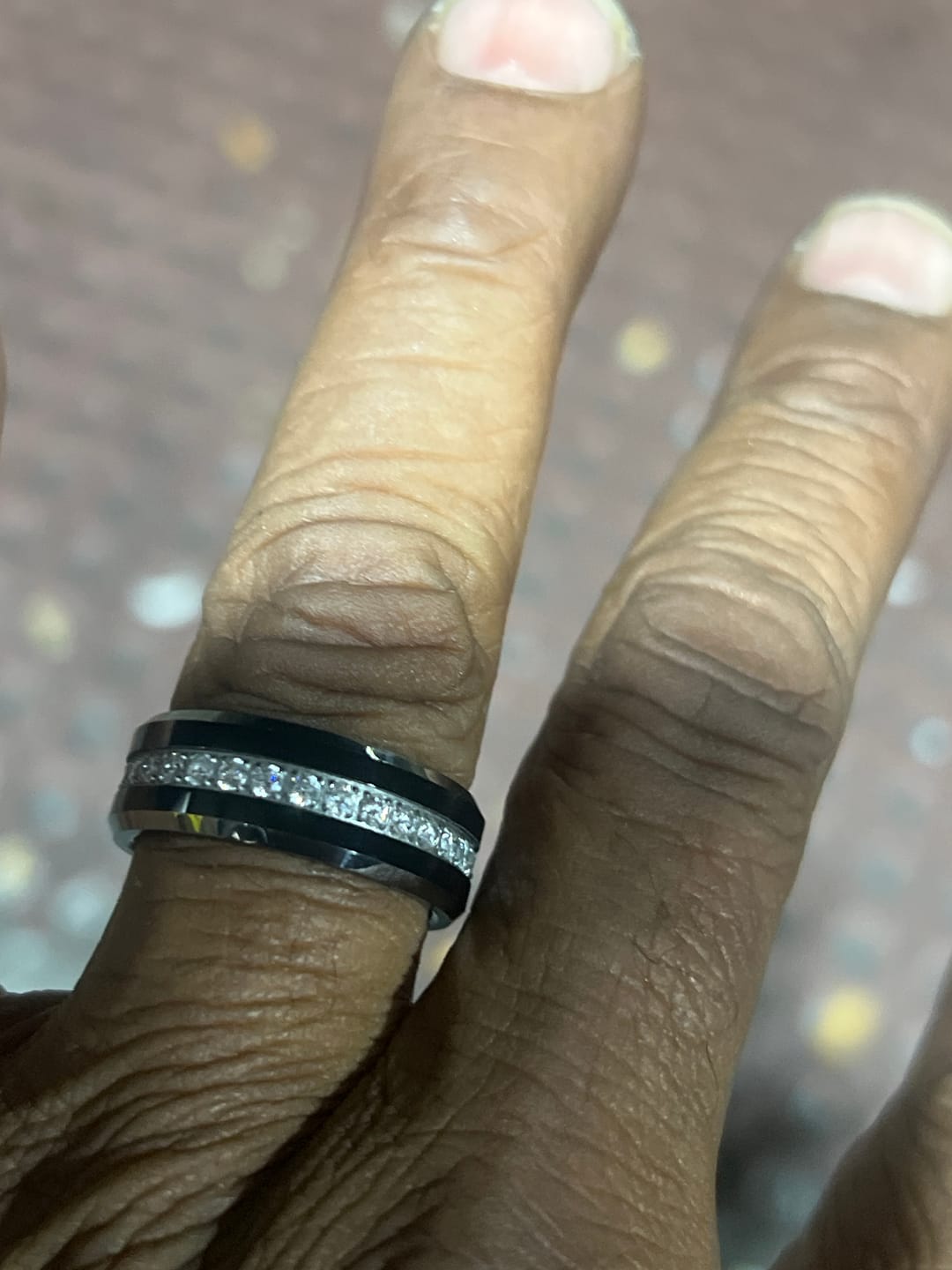 Customer photo review of 8MM - TUNGSTEN WEDDING BAND Polished Edges CUBIC ZIRCON BEVELED EDGE