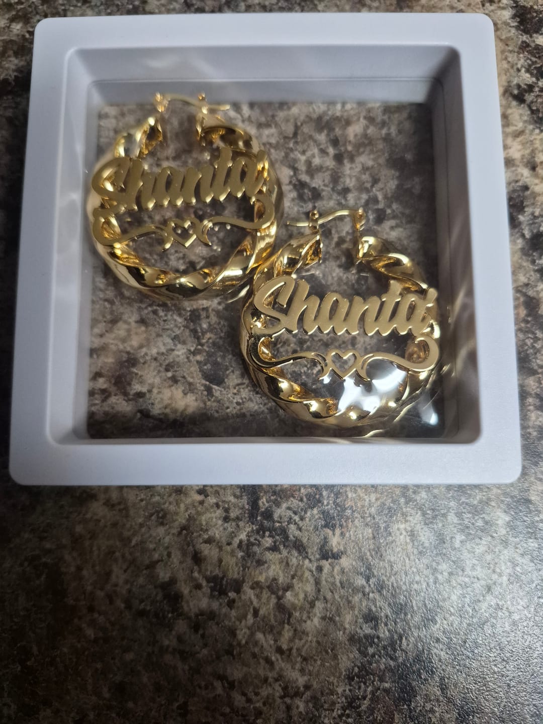 Customer photo review of Heart Twist Name Hoop Earrings