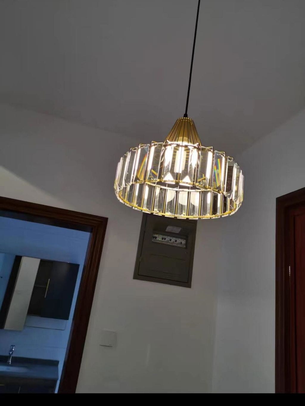 Customer photo review of Crystal Glass Pendant Light, Metal Drum Frame, Gold or Black