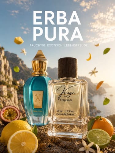 Kundenfoto des Erba Pura Tester Sets mit einer blauen und einer durchsichtigen Flasche vor einer Küstenlandschaft.