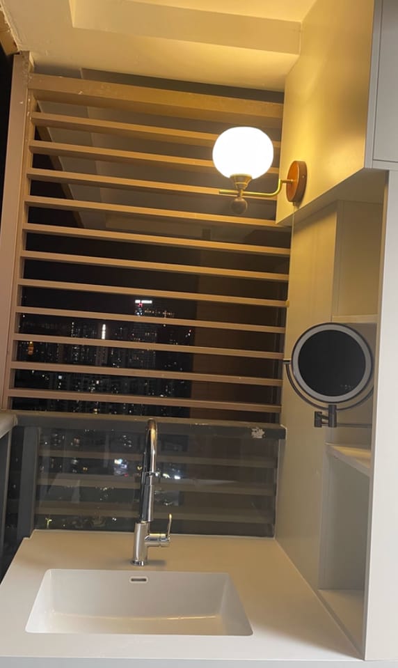 Customer photo review of Frosted Glass Wall Light, Wood Base Wall Sconce, Hardwired