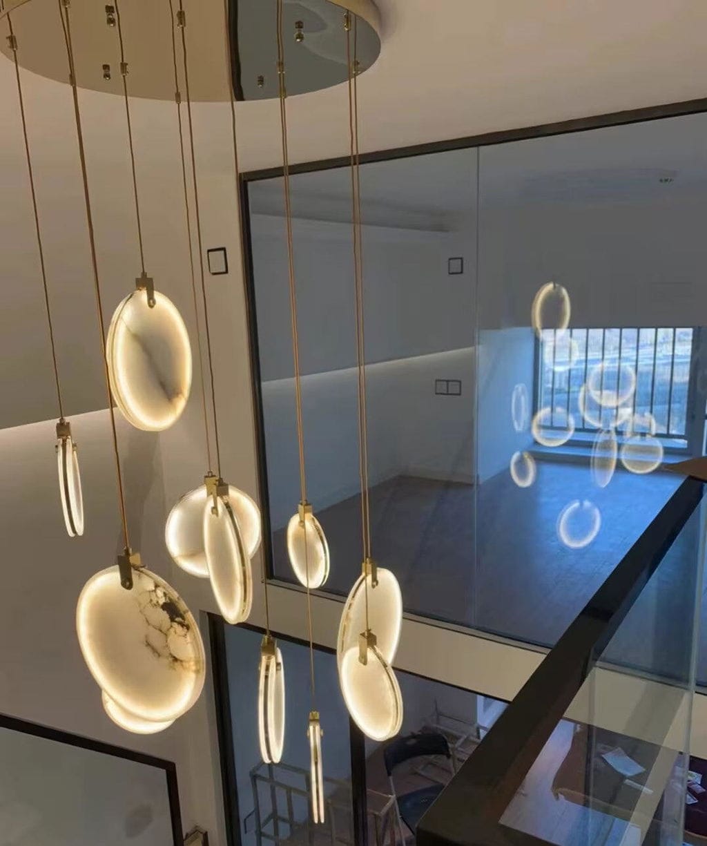 Customer photo review of Geometric Alabaster Pendant Light, Gold Steel Tubing, 150 cm Drop