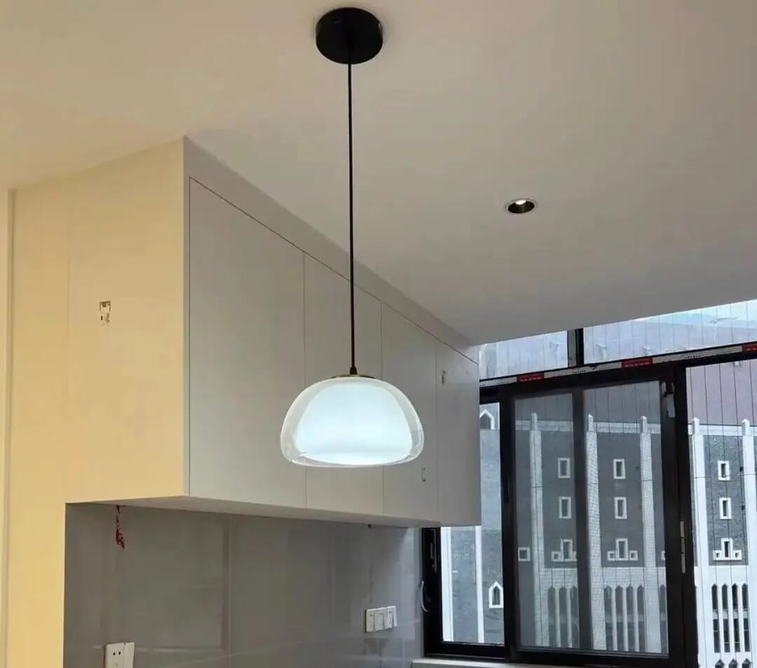Customer photo review of Round Clear Glass Pendant Light, Iron Frame, Adjustable Cord