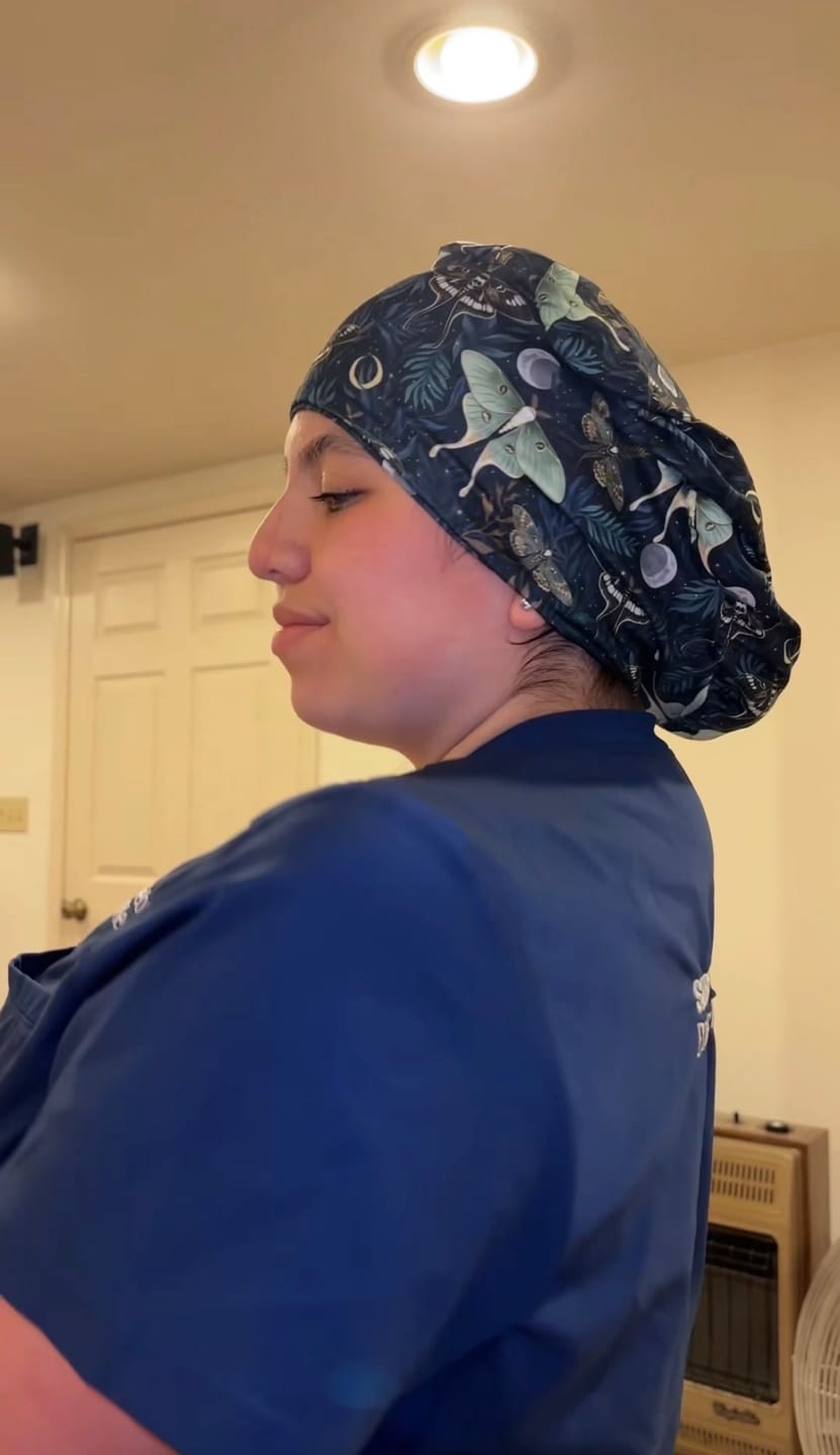 Customer photo review of CloudCaps Scrub Cap | Luna Moths