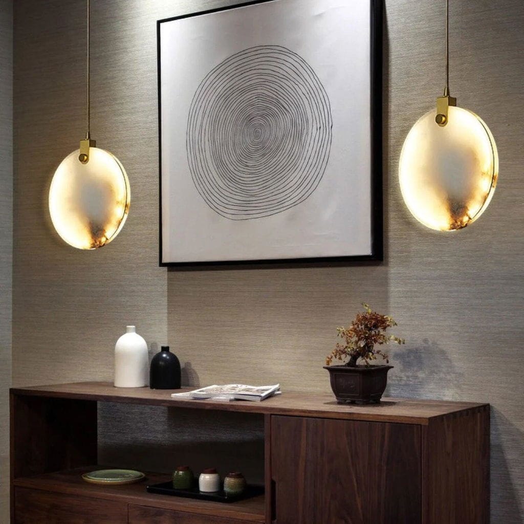 Customer photo review of Geometric Alabaster Pendant Light, Gold Steel Tubing, 150 cm Drop