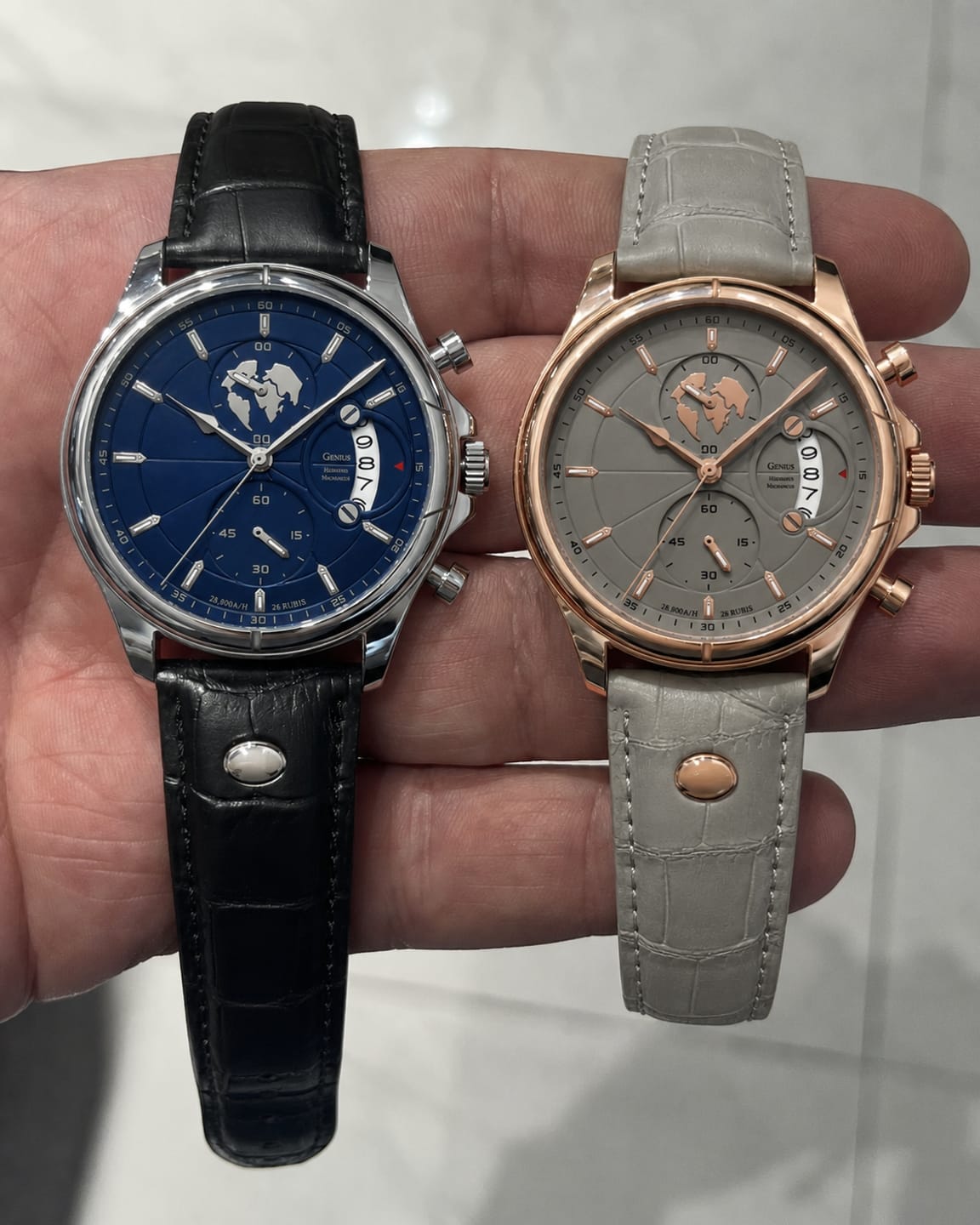 Two Chronos watches in different finishes