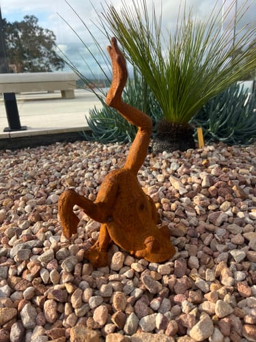 Customer's rust-colored Major Ribbit frog statue doing a handstand in a garden of gravel and decorative plants.