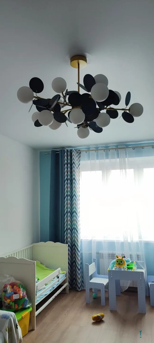 Customer photo review of Brass Chandelier with Glass Shades, Acrylic Discs, Iron Frame