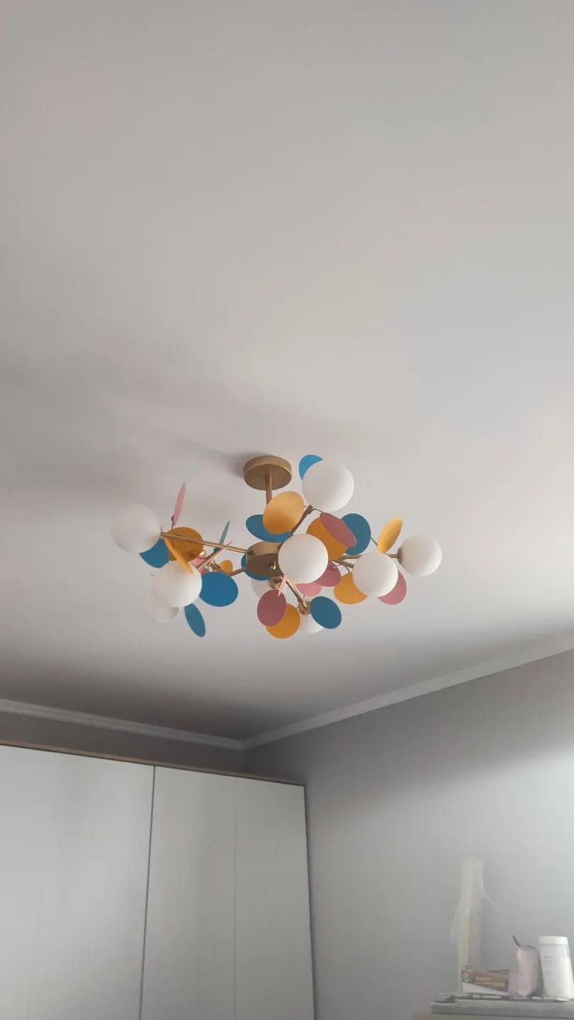 Customer photo review of Brass Chandelier with Glass Shades, Acrylic Discs, Iron Frame