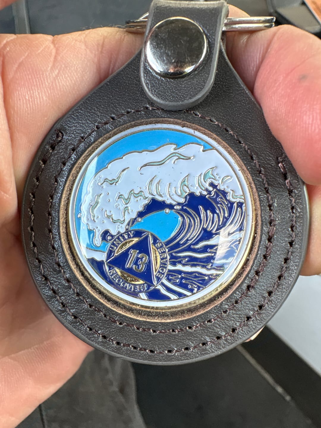 Customer photo review of Sobriety Mint Genuine Leather 34mm AA Medallion Keychain Holder - Recovery Chip/Coin/Token Holder - Dark Brown