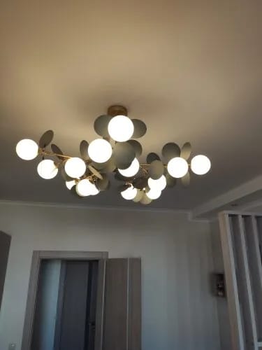 Customer photo review of Brass Chandelier with Glass Shades, Acrylic Discs, Iron Frame