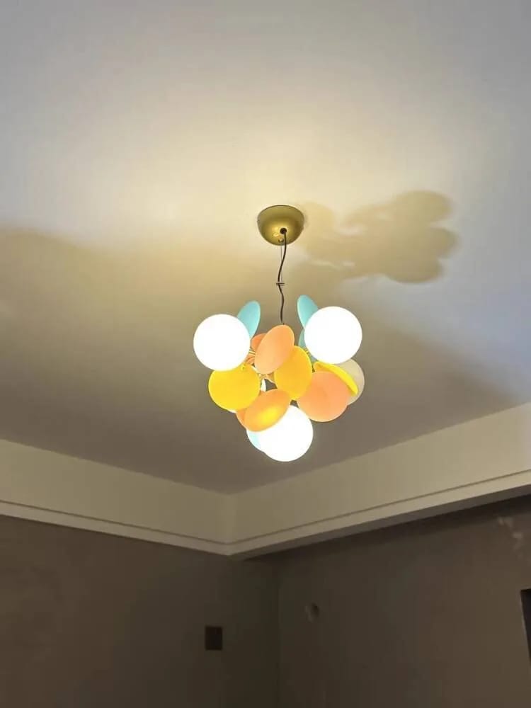 Customer photo review of Brass Chandelier with Glass Shades, Acrylic Discs, Iron Frame