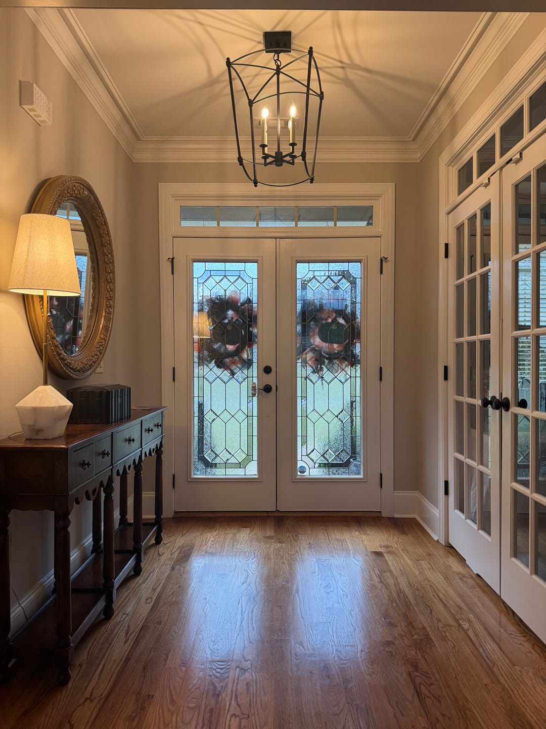 Customer photo review of 4-light French Antique Gold Candle Square Lantern Chandelier