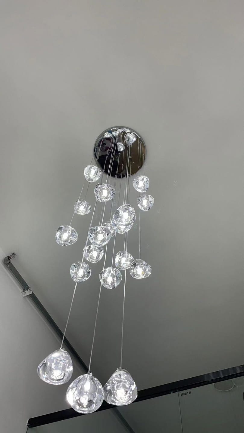 Customer photo review of Crystal Sphere Pendant Light, Clear or Amber Heads, 150 cm Drop