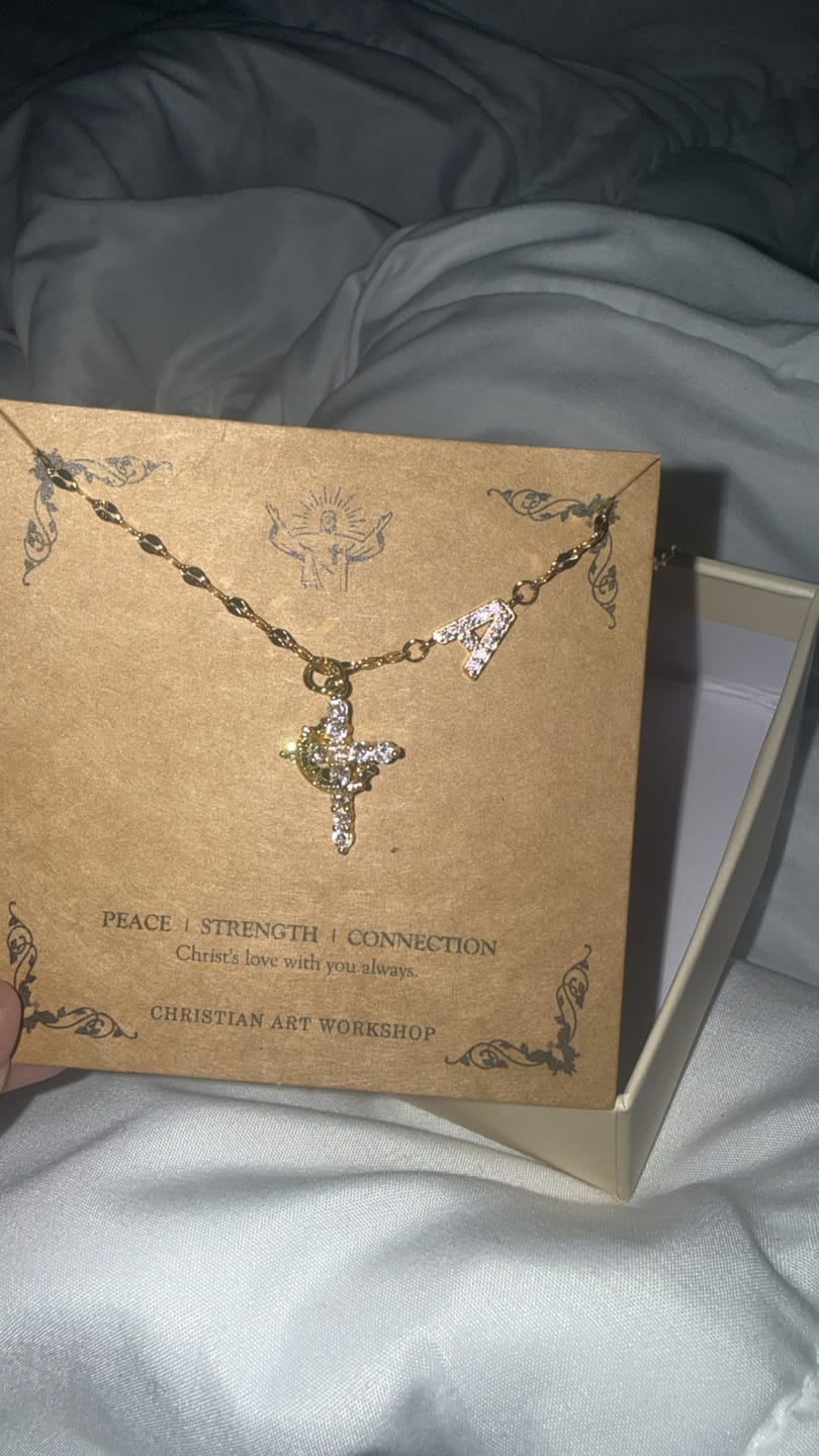 Customer photo review of FREE Today: Golden & Silver-Tone Personalized A-Z Initial Crown Cross Necklace: Custom Sacred Faith Monogram Pendant Jewelry