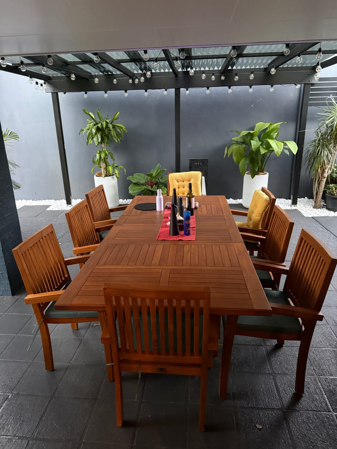 Customer photo review of Teak Rectangle 180–240cm Extending Table 4cm Top (8 Henley Stacking Chairs) – Premium Teak Outdoor Dining Set