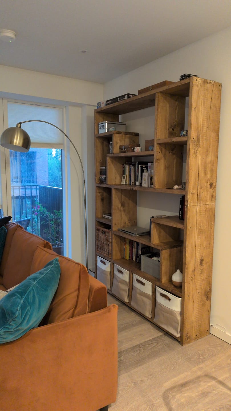 Customer photo review of Reclaimed Wood Bookcase with 4 Compartments - Rustic Shelving Unit | Scaffold Timber Furniture | Baskets