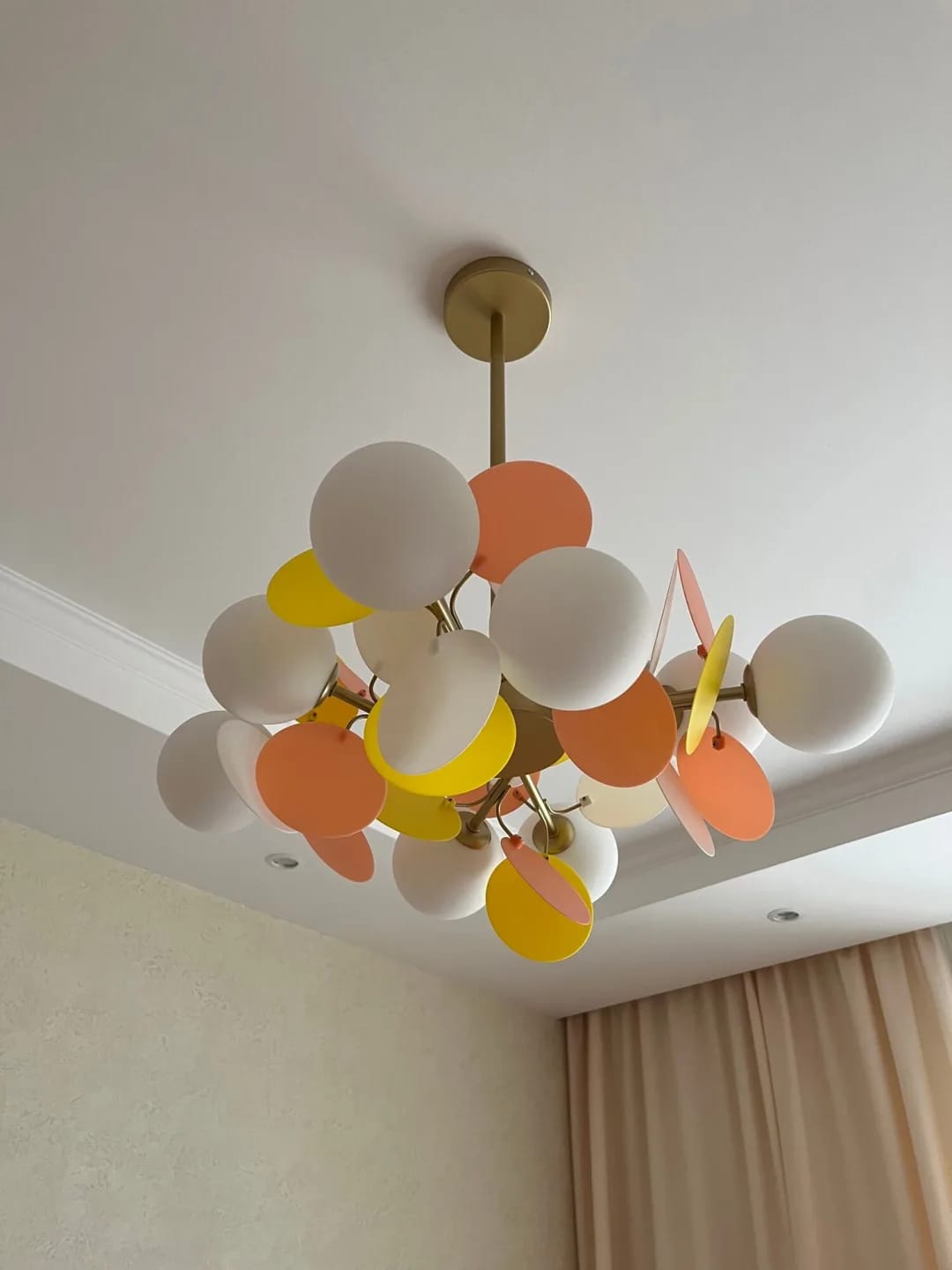 Customer photo review of Brass Chandelier with Glass Shades, Acrylic Discs, Iron Frame