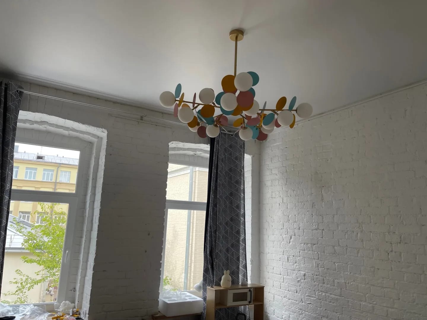 Customer photo review of Brass Chandelier with Glass Shades, Acrylic Discs, Iron Frame