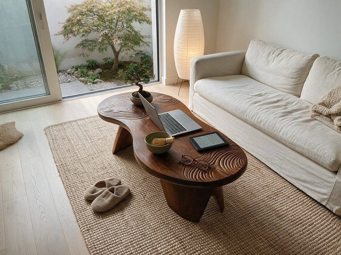 Customer photo review of Japandi Oval Coffee Table With Hand Carved Ripple Top For Living Room
