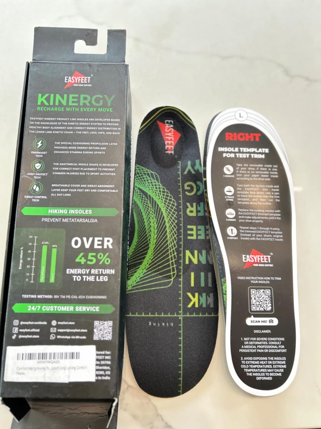 Customer photo review of EASYFEET Hiking Lime Kinergy - Neutral Trail Insoles for Hiking Support (Low Arch)