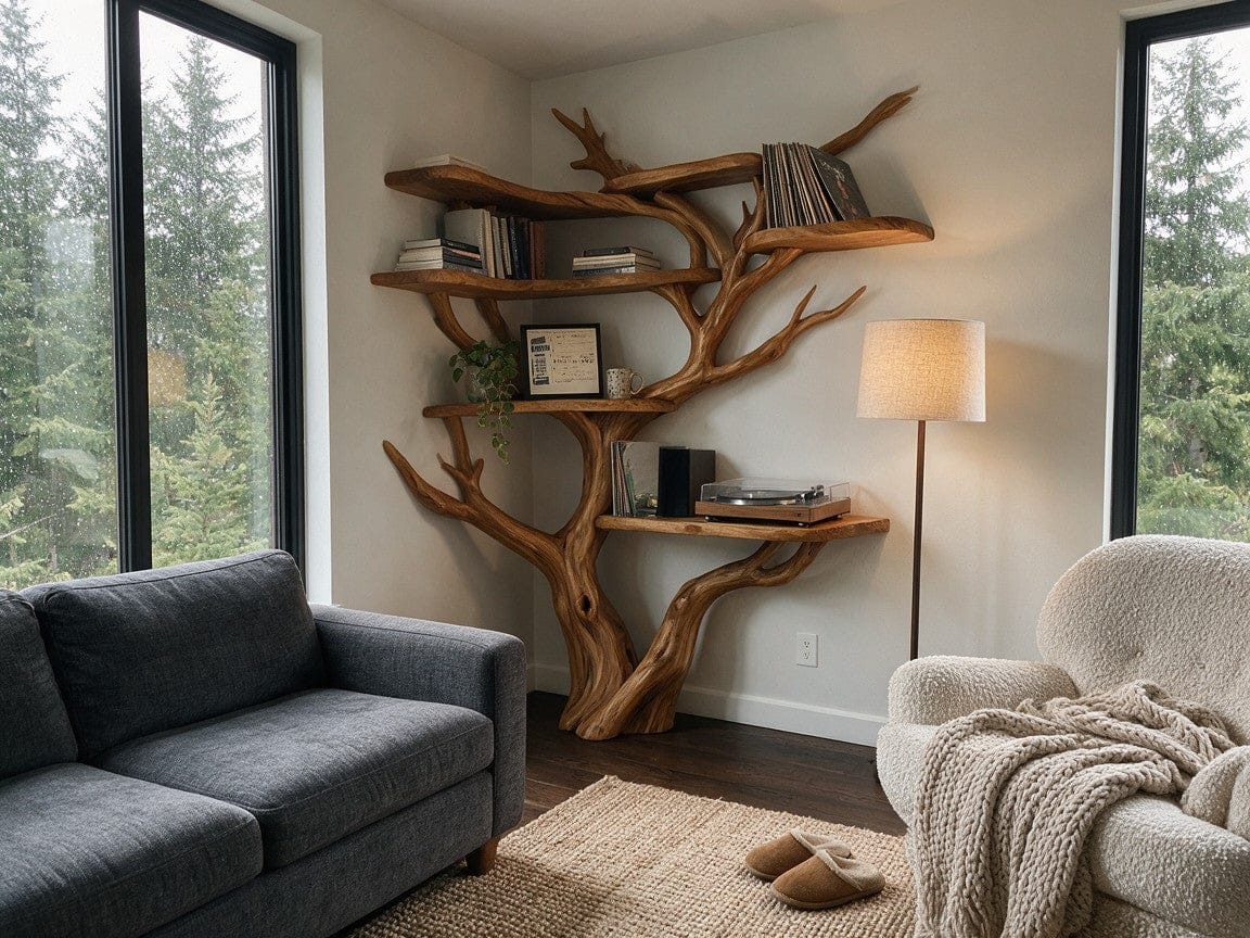 Customer photo review of Rustic Corner Tree Bookshelf With Staggered Live Edge Shelves For Living Room