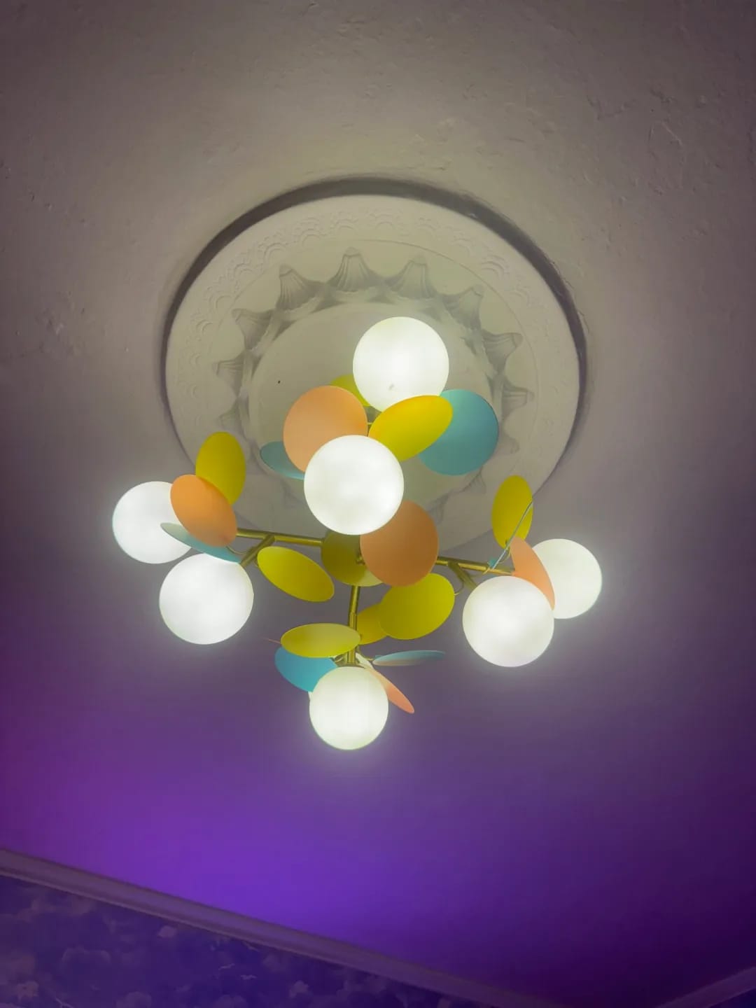 Customer photo review of Brass Chandelier with Glass Shades, Acrylic Discs, Iron Frame