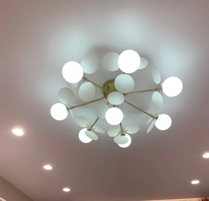 Customer photo review of Brass Chandelier with Glass Shades, Acrylic Discs, Iron Frame