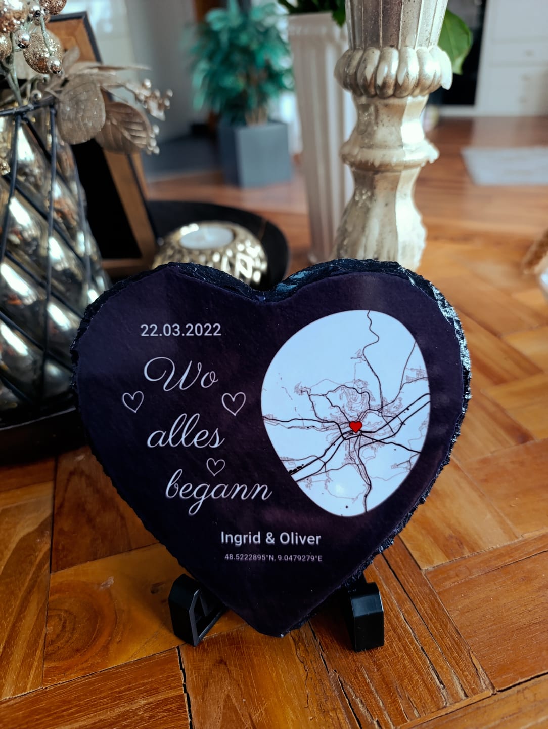 Customer photo review of Wo alles begann - Personalisiertes Schieferherz (15x15)
