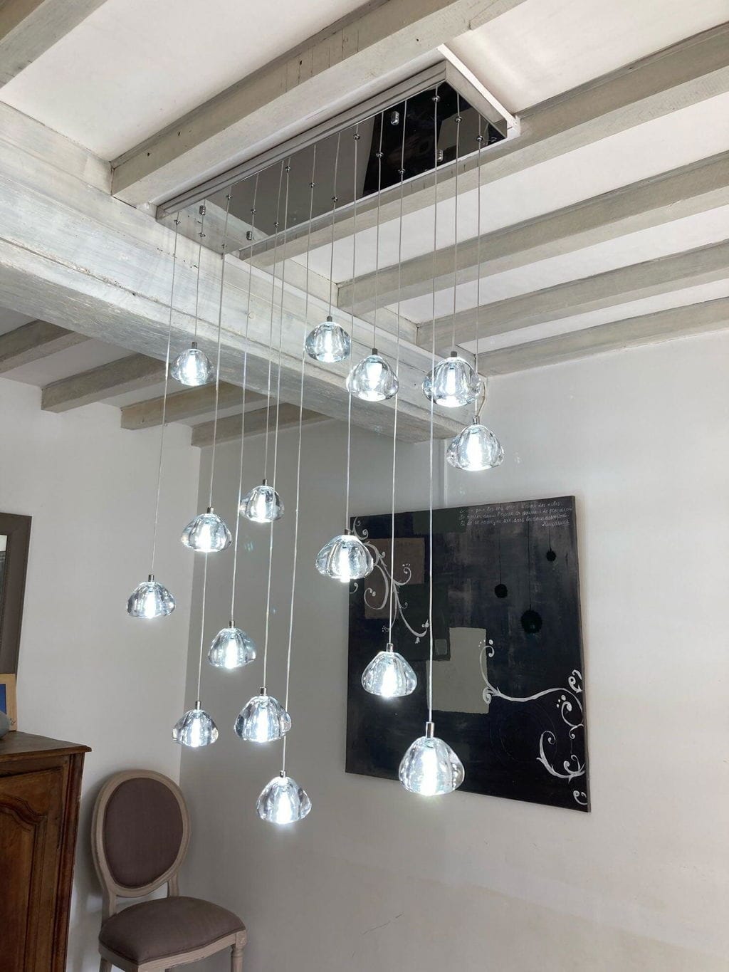 Customer photo review of Crystal Sphere Pendant Light, Clear or Amber Heads, 150 cm Drop