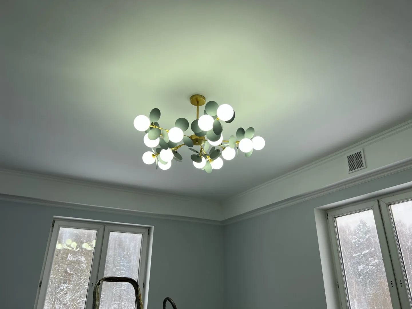 Customer photo review of Brass Chandelier with Glass Shades, Acrylic Discs, Iron Frame