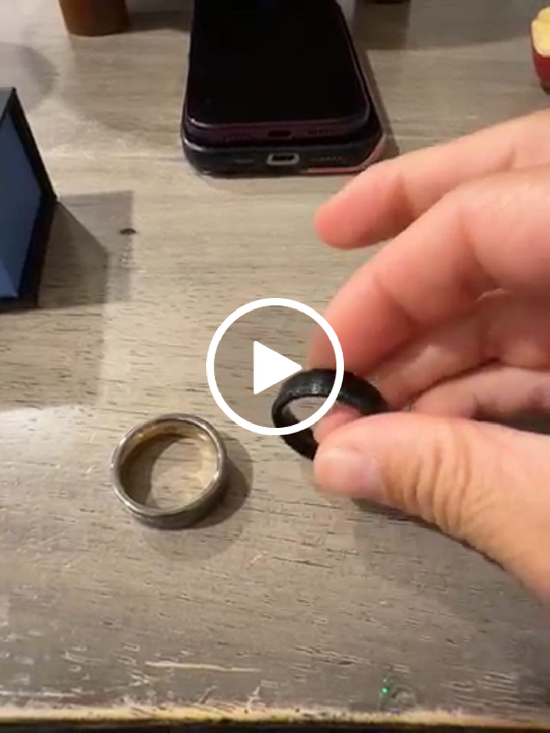 Customer video review of TROPHY Black Damascus Steel Inlaid Polished Black Titanium Men's Wedding Band With Black Sapphire Beveled Edges - 8mm