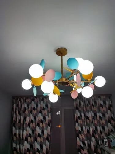 Customer photo review of Brass Chandelier with Glass Shades, Acrylic Discs, Iron Frame