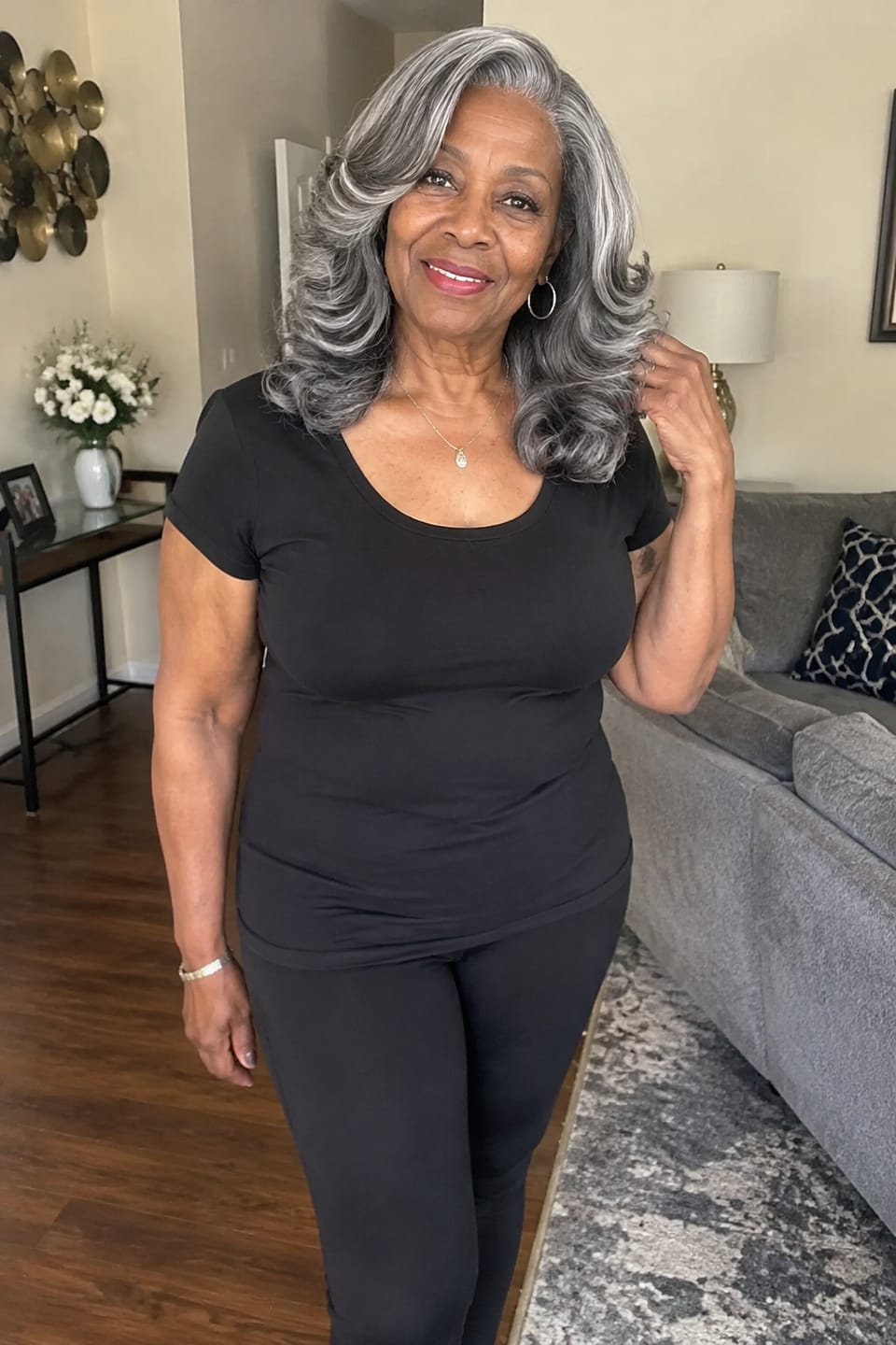 Customer photo review of Luvwin Salt & Pepper Layered Blowout Wave Beginner Friendly Glueless  Gray Wig 100% Human Hair