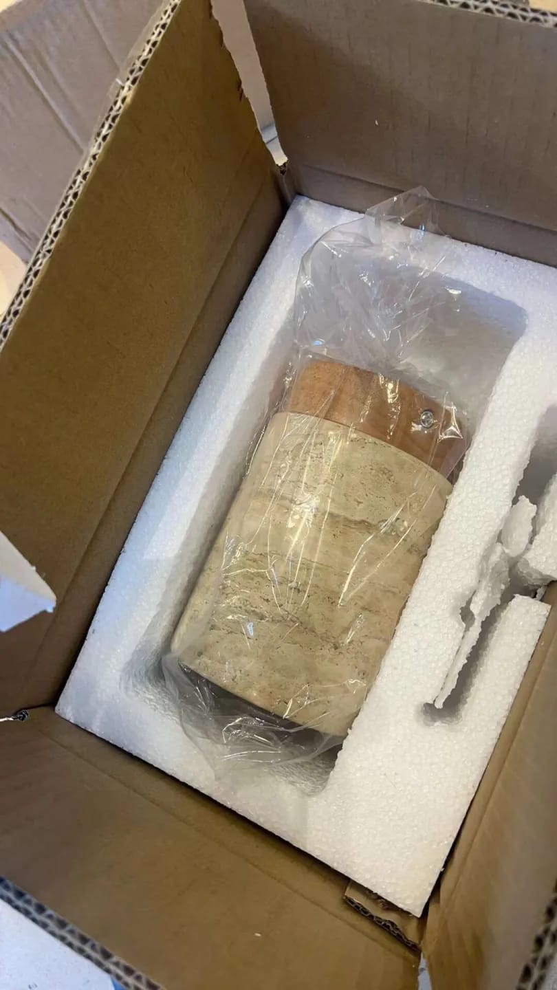 Customer photo review of Travertine and Wood Ceiling Light, Textured Cylinder, Bulb Included