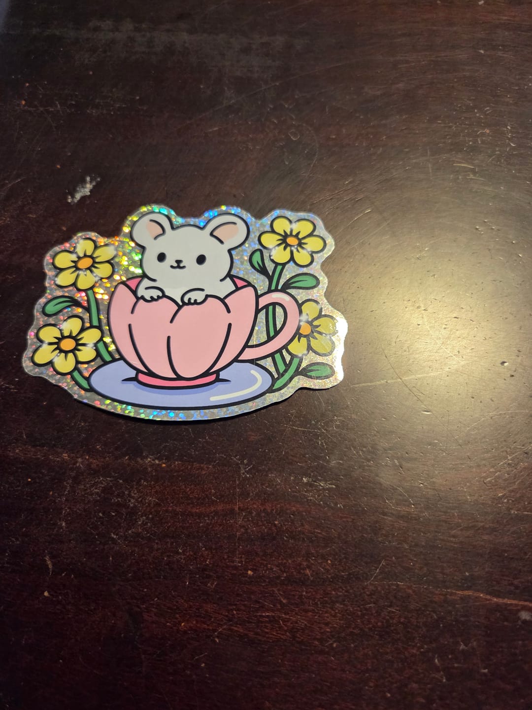 Customer photo review of 006 Teacup Mouse Holographic Jumbo Sticker