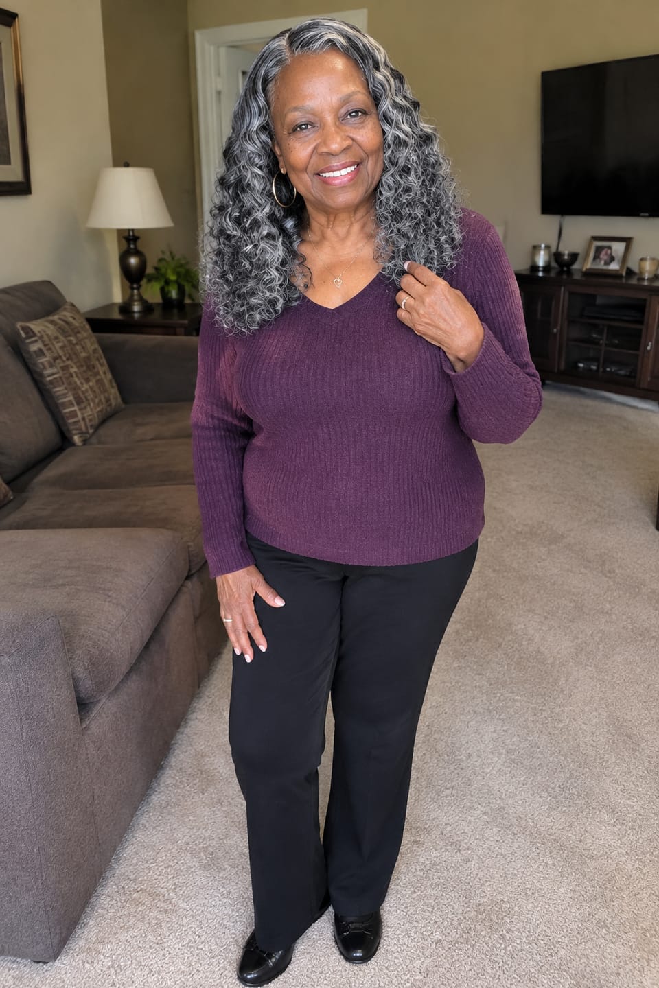 Customer photo review of Luvwin Salt & Pepper Loose Wave Curly Wig Glueless Gray Color 100% Human Hair
