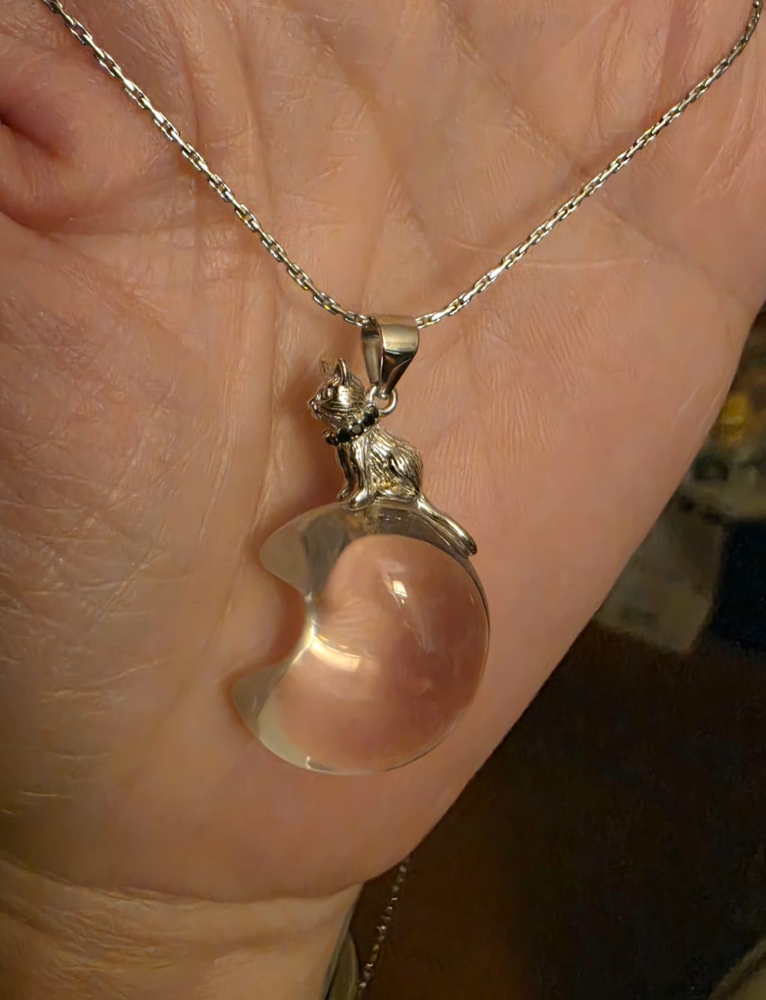 Customer photo review of Lunather™ Cat on the Moon Clear Quartz Necklace