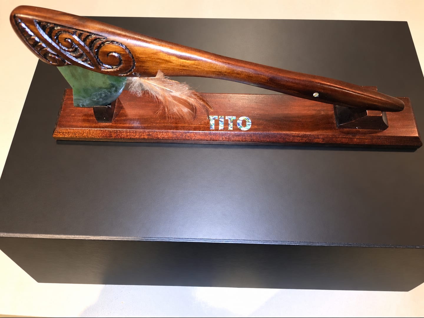 Customer photo review of Medium Size Maori Tewhatewha on Stand with Pounamu Blade
