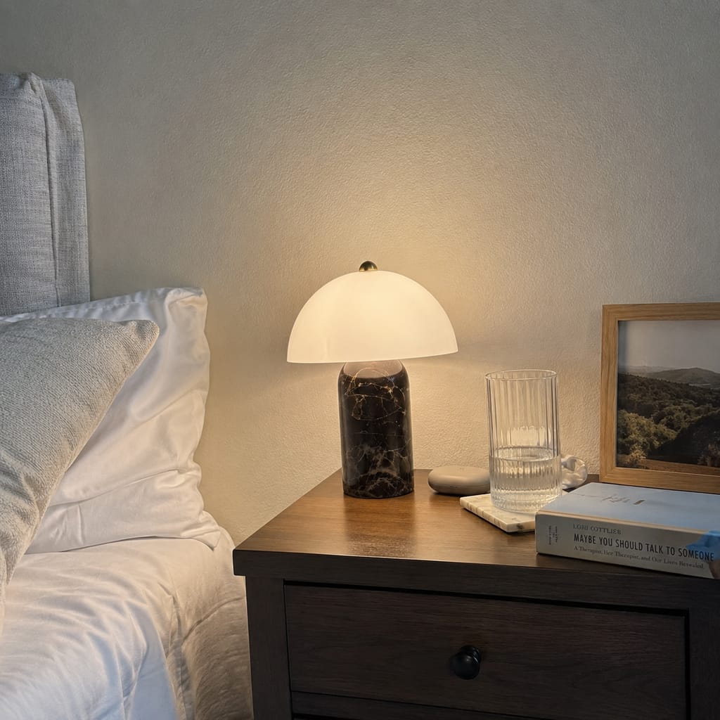 Customer photo review of Marble Table Lamp, Dark Brown Base, Domed White Glass Shade