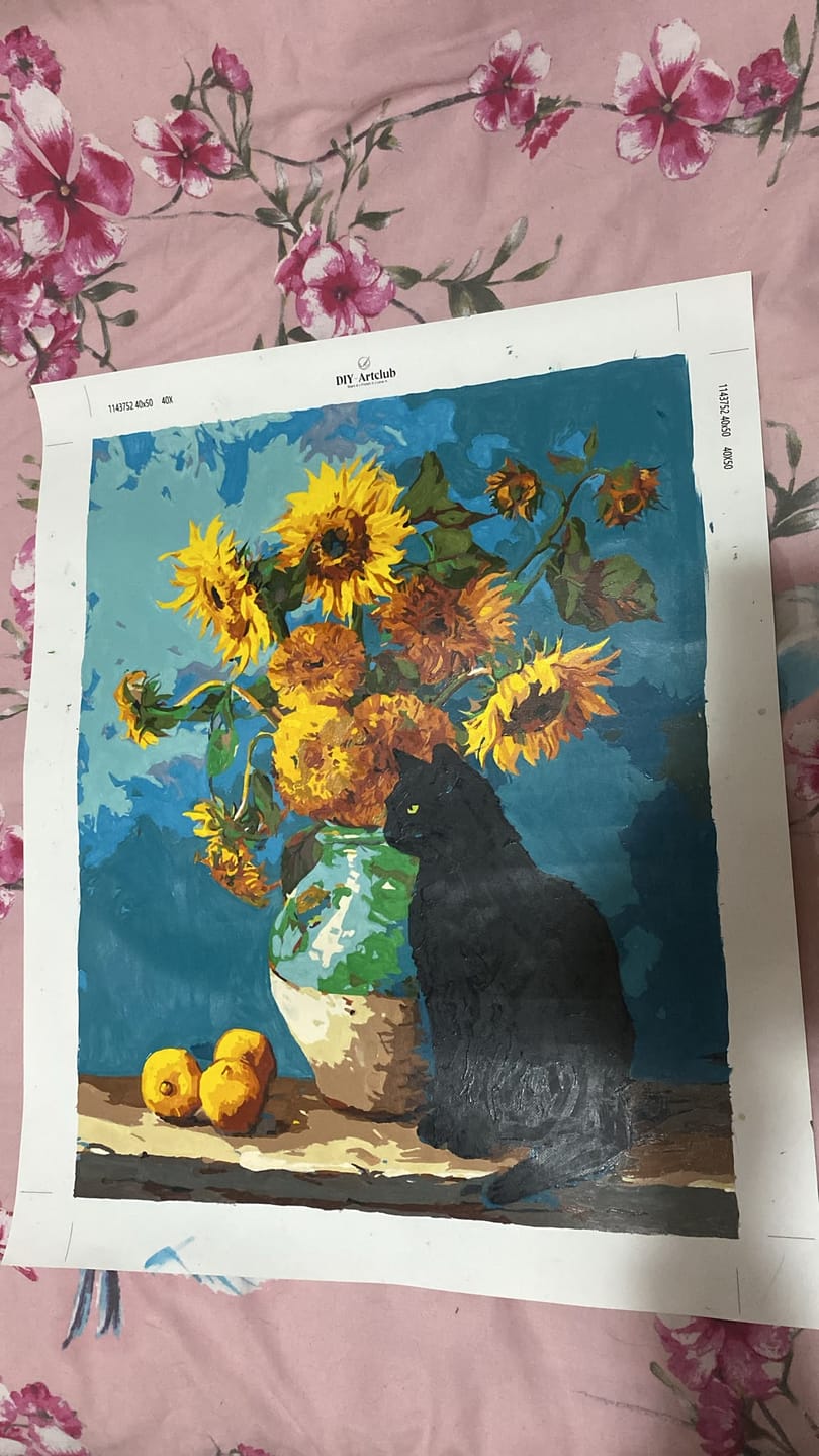 Customer photo review of Famous sunflowers and a black cat | Paint by Number